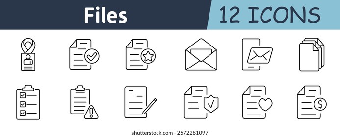 File management set icon. Documents, approval, starred files, emails, notifications, error lists, folder settings, clipboard data, download, verification