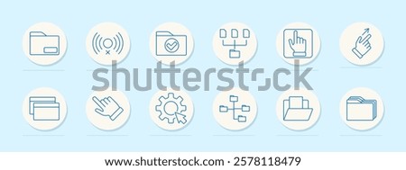 File management set icon. Folder, no signal, verified folder, directory, touch interaction, sharing, structure, documents, organization, settings, storage