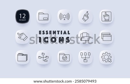 File management set icon. Folder, file, signal block, swipe gesture, click action, directory, document, workflow, data organization, settings.