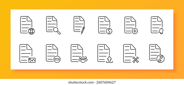 File management set icon. Line icons of documents with globe, magnifier, syringe, dollar, bell, people, upload, delete, balance, image on white background for records, finance, health, search, alerts