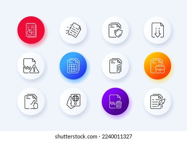 File management set icon. Statistics, notes, paperclip, paper, digital, shield, secret, briefcase, chart, table. Document concept. Neomorphism style. Vector line icon for Business and Advertising