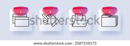 File management set icon. Windows, hand gesture, open folder, multiple files, system, organization, digital, data storage, user interface, access.