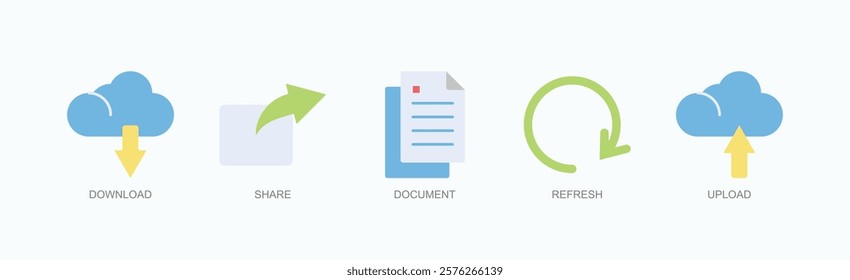 File Management And Sharing Icon Set Isolated Vector With Icon Of Download, Share, Document, Refresh, Upload In Flat Style