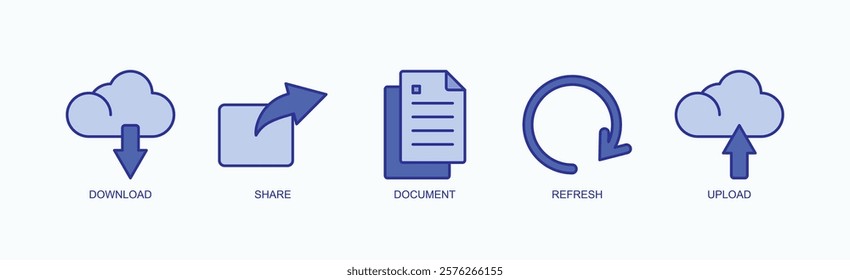 File Management And Sharing Icon Set Isolated Vector With Icon Of Download, Share, Document, Refresh, Upload In Blue Style