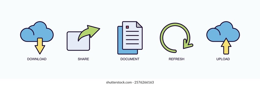 File Management And Sharing Icon Set Isolated Vector With Icon Of Download, Share, Document, Refresh, Upload In Outline Color Style