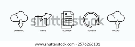 File Management And Sharing Icon Set Isolated Vector With Icon Of Download, Share, Document, Refresh, Upload In Outline Style