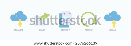 File Management And Sharing Icon Set Isolated Vector With Icon Of Download, Share, Document, Refresh, Upload In Flat Style