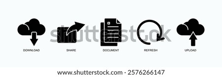 File Management And Sharing Icon Set Isolated Vector With Icon Of Download, Share, Document, Refresh, Upload In Glyph Style