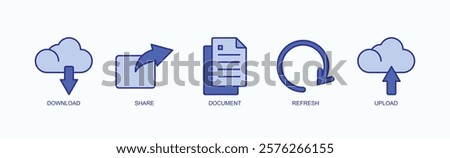 File Management And Sharing Icon Set Isolated Vector With Icon Of Download, Share, Document, Refresh, Upload In Blue Style