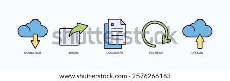 File Management And Sharing Icon Set Isolated Vector With Icon Of Download, Share, Document, Refresh, Upload In Outline Color Style