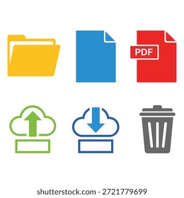 Administración de archivos y conjunto de iconos de almacenamiento con carpetas, documentos PDF, Cargar en la nube, Descarga en la nube y símbolos de papelera