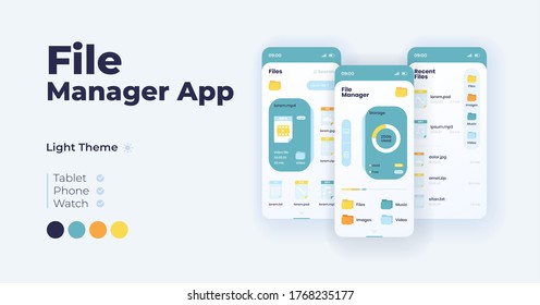 File management system cartoon smartphone interface vector templates set. Mobile app screen page day mode design. Memory summary, folder browser UI for application. Phone display with flat characters