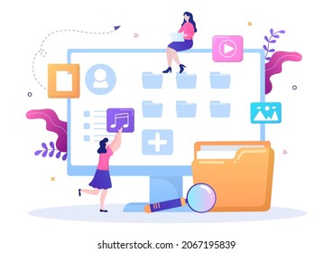 File Management System and Information Vector Illustration with People Holding Folder, Archive or Online Service for documents Storage and Organization