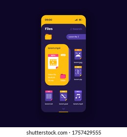 File management system smartphone interface vector template. Device organizer app page dark design layout. Storage browsing screen. Flat UI for application. Search results on phone display