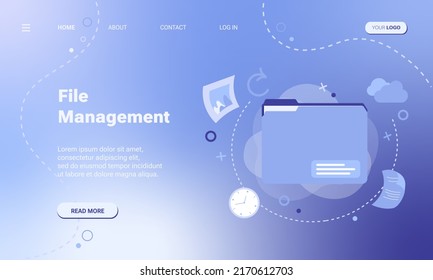 File management tools service page template or web banner concept. Vector illustration of file folder with abstract geometric shapes and icons of  on abstract background