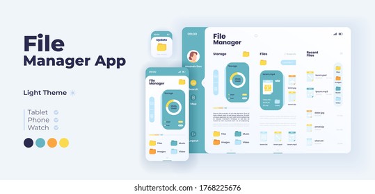 File manager app screen vector adaptive design template. Application day mode interface with flat illustrations. Device organizer and folder browser smartphone, tablet, smart watch cartoon UI