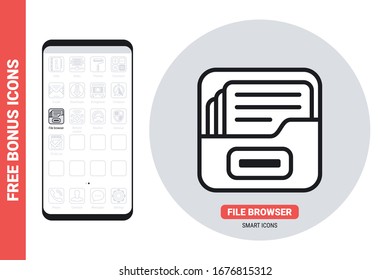 File manager or file browser application icon for smartphone, tablet, laptop or other smart device with mobile interface. Simple black and white version. Contains free bonus icons