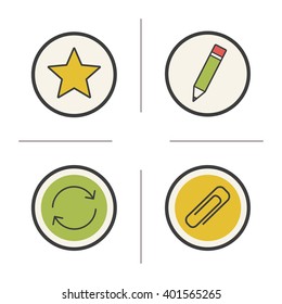 File manager color icons set. Star, pencil, arrows and paperclip. Favorite, edit, refresh and attach buttons. Vector isolated illustrations
