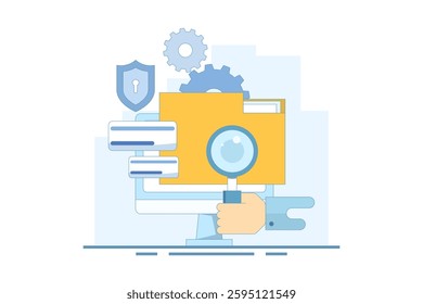 File manager concept. Manage, edit, search and organize files. Document security and protection technology. Folder, shield, magnifying glass, gear. Graphic element design illustration.