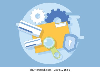 File manager concept. Manage, edit, search and organize files. Document security and protection technology. Folder, shield, magnifying glass, gear. Graphic element design illustration.