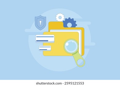 File manager concept. Manage, edit, search and organize files. Document security and protection technology. Folder, shield, magnifying glass, gear. Graphic element design illustration.