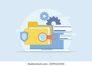 File manager concept. Manage, edit, search and organize files. Document security and protection technology. Folder, shield, magnifying glass, gear. Graphic element design illustration.