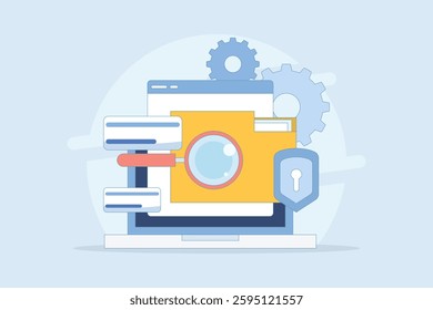 File manager concept. Manage, edit, search and organize files. Document security and protection technology. Folder, shield, magnifying glass, gear. Graphic element design illustration.