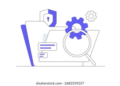 Conceito do gerenciador de arquivos. Gerenciar, editar, pesquisar e organizar arquivos. Tecnologia de segurança e proteção de documentos. Pasta, escudo, lupa, engrenagem. Ilustração plana do vetor do desenho animado, ícone Web elegante