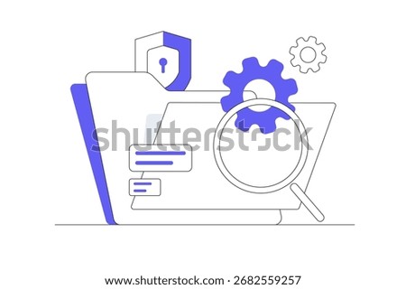 File manager concept. Manage, edit, search and organize files. Document security and protection technology. Folder, shield, magnifying glass, gear. Flat Cartoon Vector Illustration, icon Stylish web