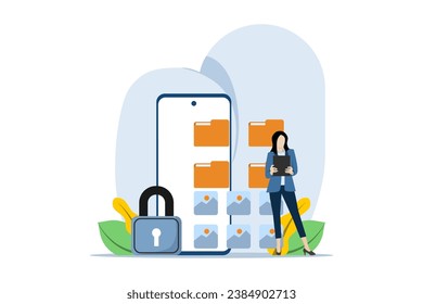File manager and data storage concept. file management administration, data archiving concept, folder, gallery, administration. Employees search and index file documents. vector flat illustration.