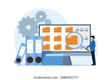 File manager and data storage concept. file management administration, data archiving concept, folder, gallery, administration. Employees search and index file documents. vector flat illustration.