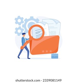 File manager, data storage and indexing. Workers searching file uses magnifying glass.  flat vector modern illustration
