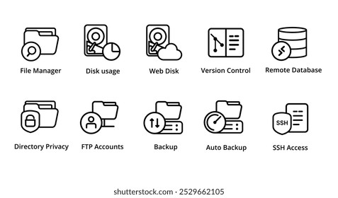 Gerenciador de arquivos armazenamento em disco acesso remoto privacidade transferência de arquivos FTP backup automático ícone SSH coleção conjunto ilustração gráfica vetorial hospedagem web ferramentas de gerenciamento de servidor