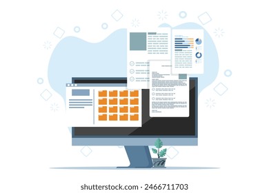 File manager or document storage concept, Laptop files and documents, Email Attachment Files, Online communication, Checking New Emails on Laptop Screen Display. flat vector illustration on background
