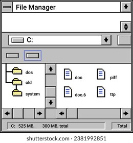 File manager with documents and files, isolated window with icons and information about size and memory space on disk. Old operation system on personal computer or laptop. Vector in flat style