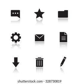 File manager drop shadow icons set. Work organizer app interface buttons. Black cast shadow silhouettes illustrations. Data organization and media management symbols. Vector infographics elements
