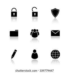 File manager drop shadow icons set.  Data storage user interface buttons. Edit and folder icons. Server ui elements. Private and group user symbols. Vector silhouette illustrations and logo concepts