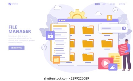 File manager, electronic document storage, document synchronisation, collecting and organisation. Design concept for landing page. Flat vector illustration with characters for website, print, banner