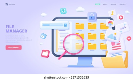 Dateimanager, elektronische Dokumentenspeicherung, Dokumentensynchronisierung, Sammeln und Organisation. 3D-Design-Konzept für Landing-Page. Dreidimensionale Vektorgrafik für Website, Druck, Banner