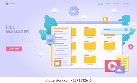 Administrador de archivos, almacenamiento electrónico de documentos, sincronización de documentos, recopilación y organización. 3d concepto de diseño para la página de aterrizaje. Ilustración tridimensional para sitio web, impresión, banner