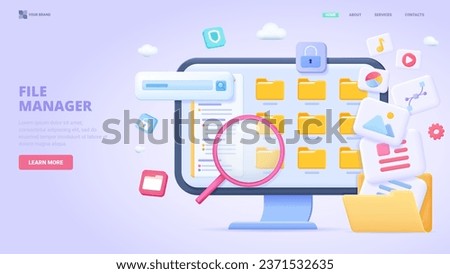 File manager, electronic document storage, document synchronisation, collecting and organisation. 3d design concept for landing page. Three dimensional vector illustration for website, print, banner