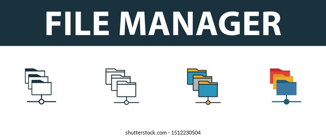 File Manager icon set. Four elements in diferent styles from web hosting icons collection. Creative file manager icons filled, outline, colored and flat symbols.