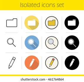 File manager icons set. Flat design, linear, black and color styles. Folder, magnifying glass, pencil. Files storage, search and edit buttons. Isolated vector illustrations