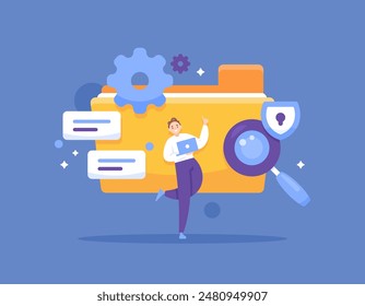 file manager. manage, edit, search, and organize files. security technology and document protection. illustration of man with folder, shield, magnifying glass, gear. concept design. graphic elements