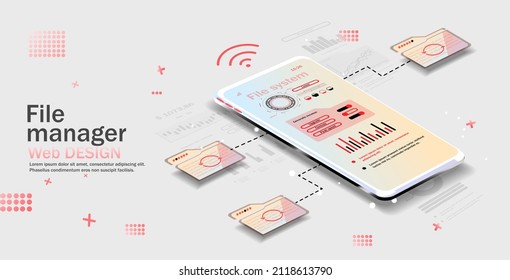 File manager. File management. The landing page of the file transfer and data management concepts. A mobile application for data analysis and accounting. Online paperwork storage. Vector