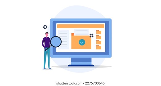 File manager, People using file management software to upload and download data from the server, website maintenance concept - vector illustration with icons