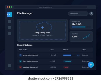 The file manager shows a storage overview with details on upload progress, recent uploads, and total storage used. Simple layout for easy navigation in a cloud storage app.