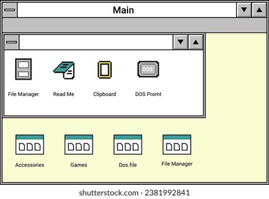 File manager system, isolated window interface application with documents types and information for work. Personal computer or laptop old school design with buttons and icons. Vector in flat style