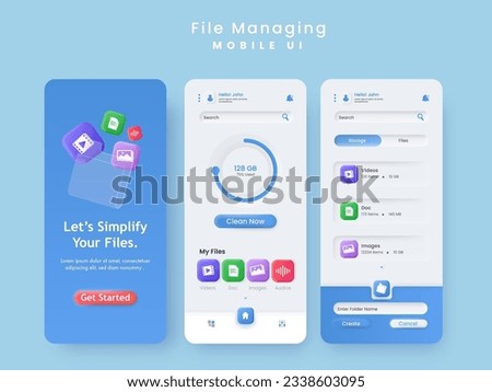 File Managing Mobile App UI Kit in Blue and White Color for Responsive Website.
