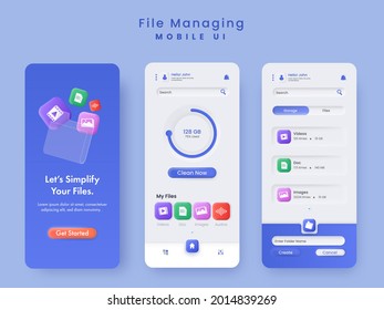 File Managing Mobile Ui Splash Screens Template Layout In Blue And White Color.